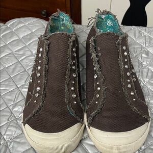 Brown Slip-On Canvas Sneakers with Rhinestone Accents